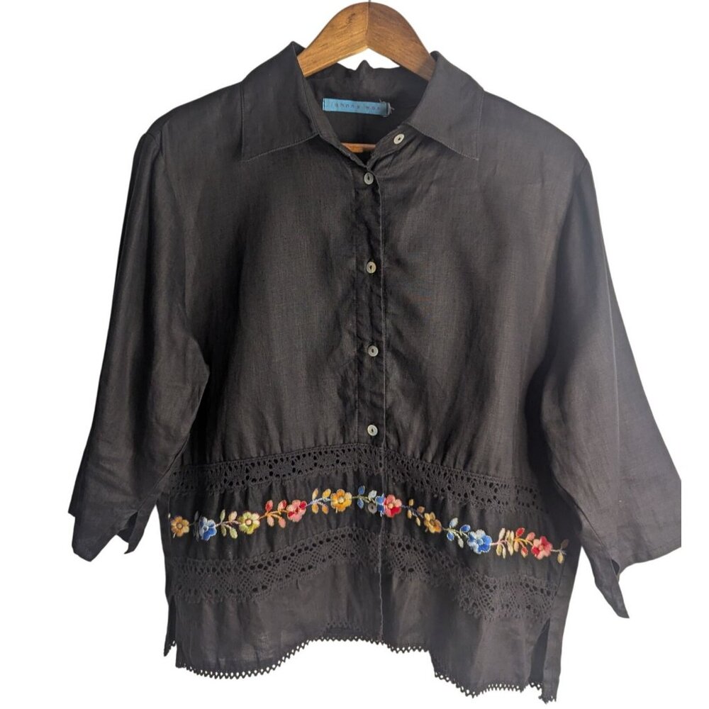 Womens Button-Up Blouse Sz L Black Embroidered Eyelet Lace Boho Hippie Festival
